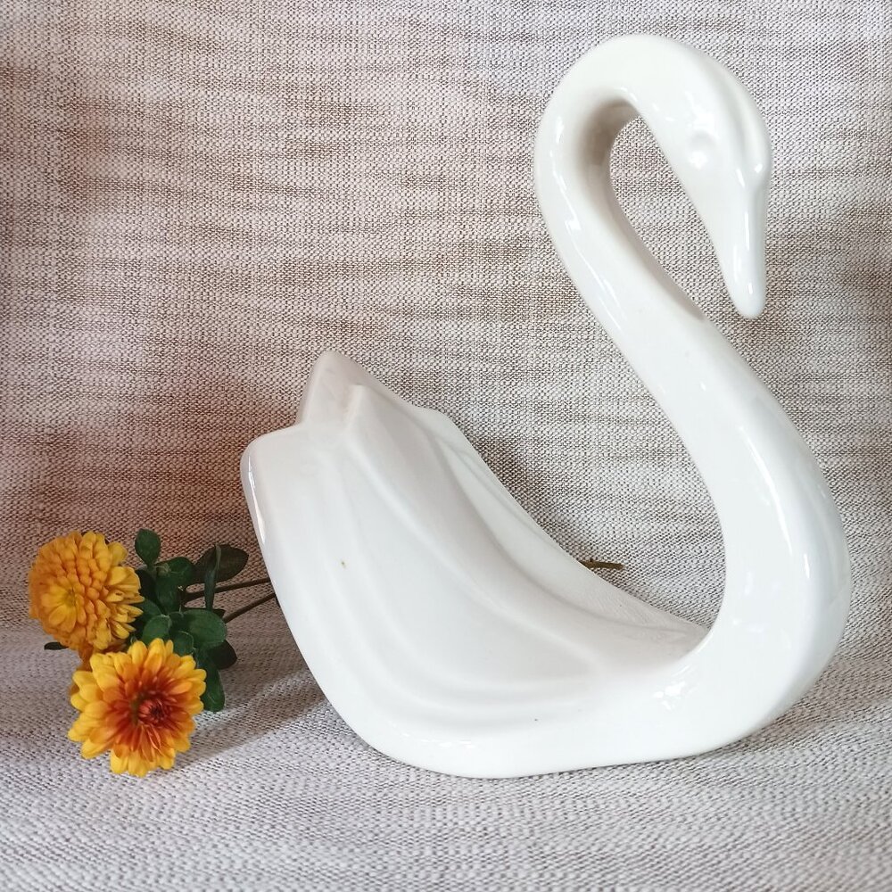 Vintage MCM Art Deco Style White Porcelain Swan Figurine 1950s